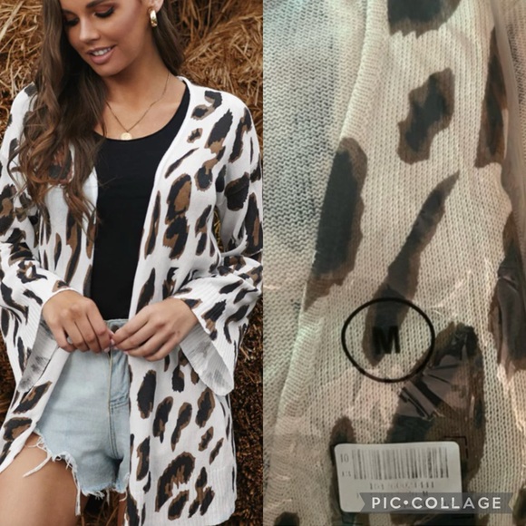 Leopard Print Bell Sleeve Open Front Knitted Cardigan - Picture 1 of 1